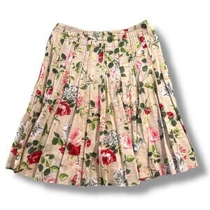 CAbi Womens A Line Midi Skirt Floral Print Pleated Cotton Tan Red Pink Size 8